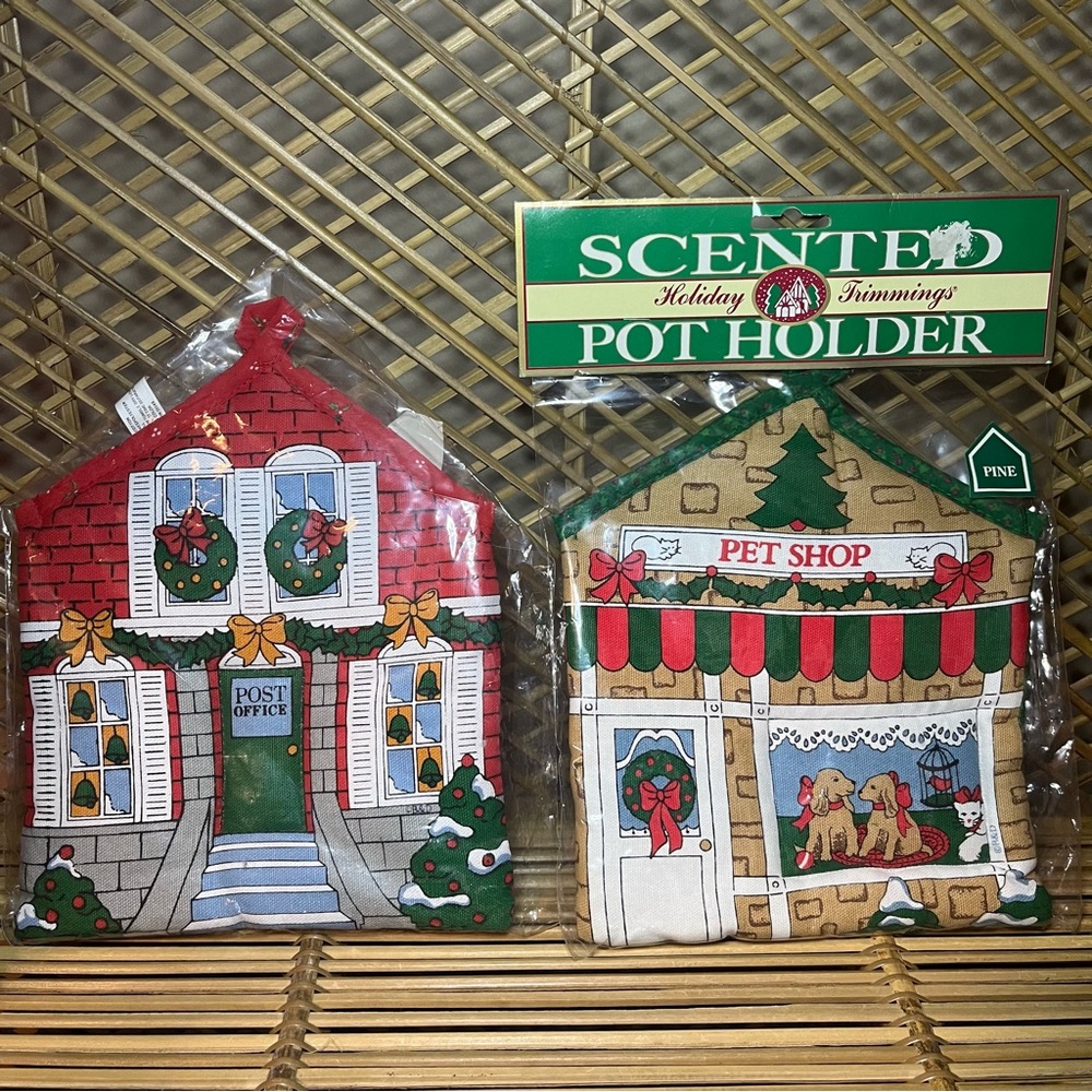 Vintage Christmas Scented Potholder Pot Holders Pine Pet Shop and Post Office